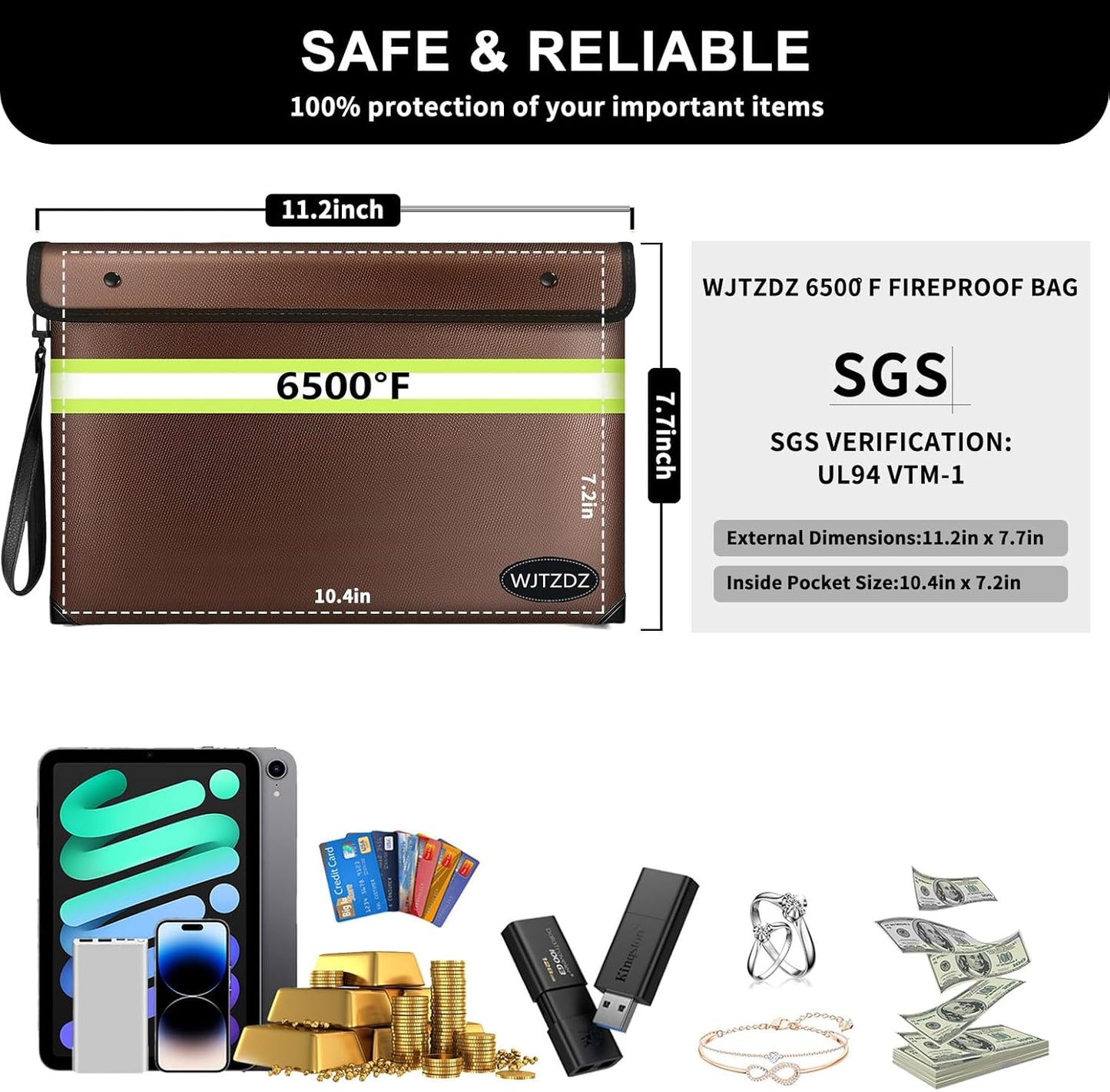 6500°F Fireproof Document Bag,Upgraded Fireproof Money Bag with Waterproof Zipper,10 Layers Heat Insulated Materials/Reflective Strip with Handle for Important Documents（Not Fit A4 Files）