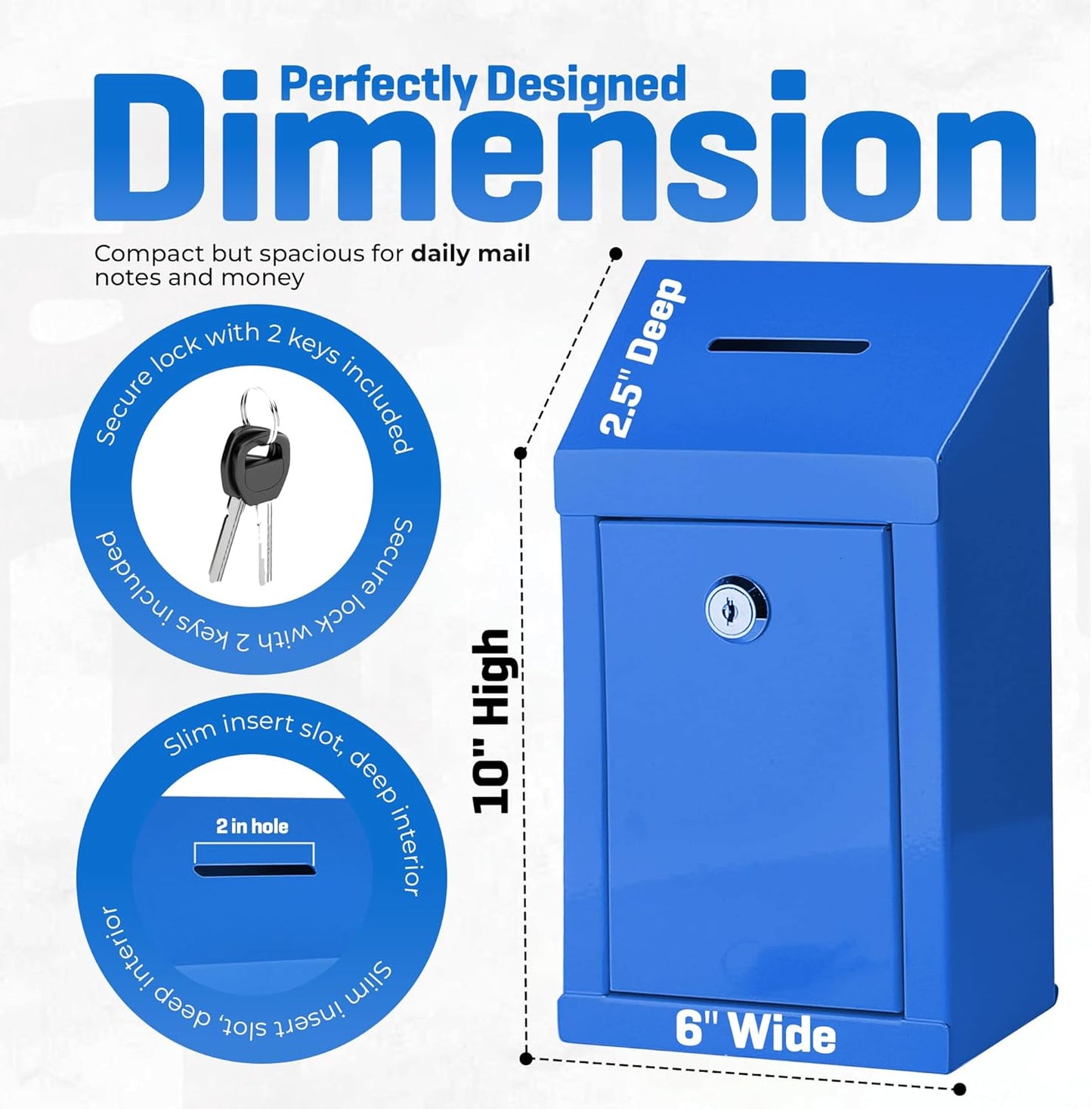 Metal Donation Box-Suggestion Box with Slot and lock-Cash Lock box for Money-Secure Drop Box-Comment and ballot voting box-comes with pre-drilled holes for easy wall mounting 10 X 6 X 2.5"(Blue)
