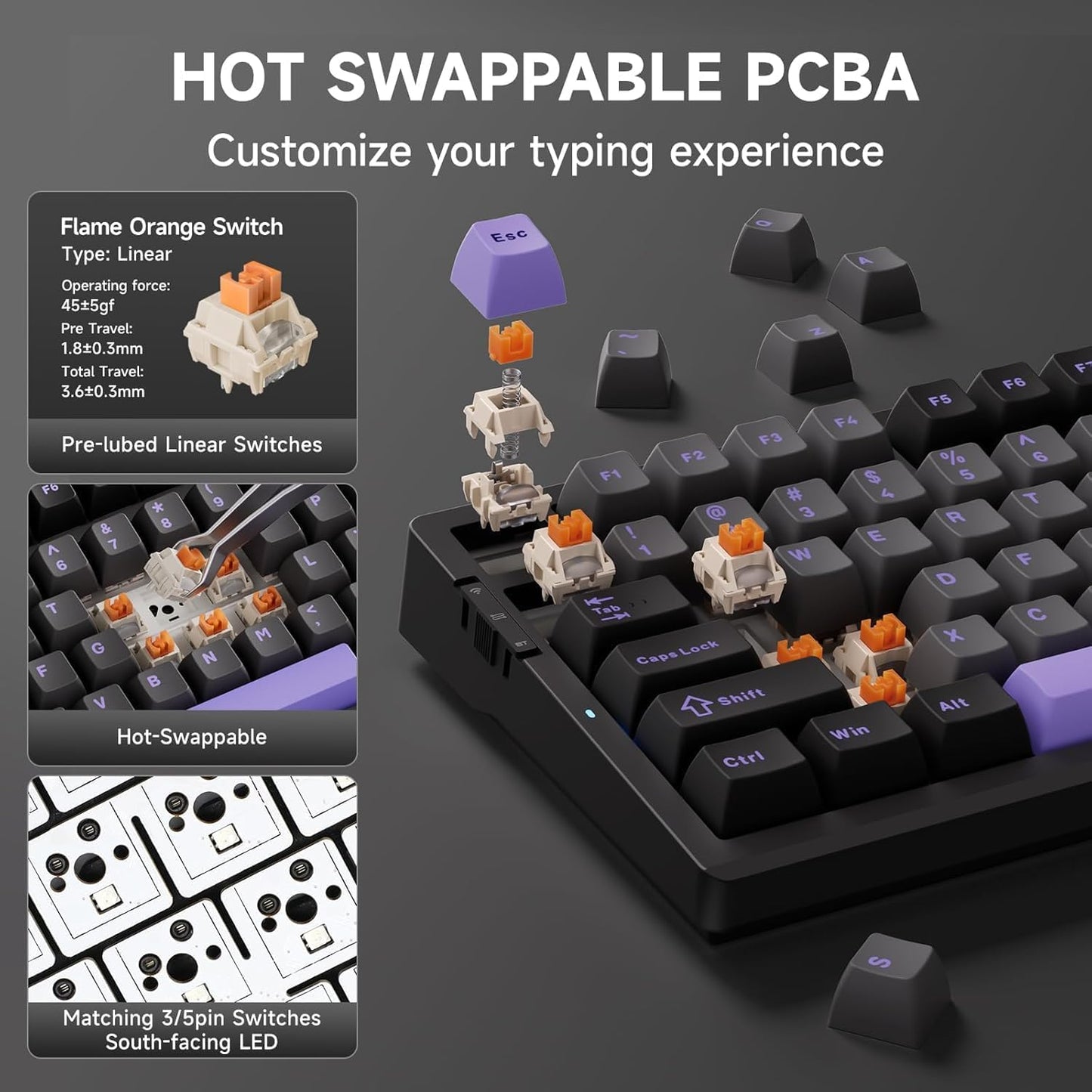 G98 PRO Wireless Mechanical Keyboard, Tri-Mode Connection Gaming Keyboard, Hot Swappable Custom Gasket Structure, Pre-lubed Linear Switches, Double Shot PBT Keycaps RGB LED Backlit Purple&Black