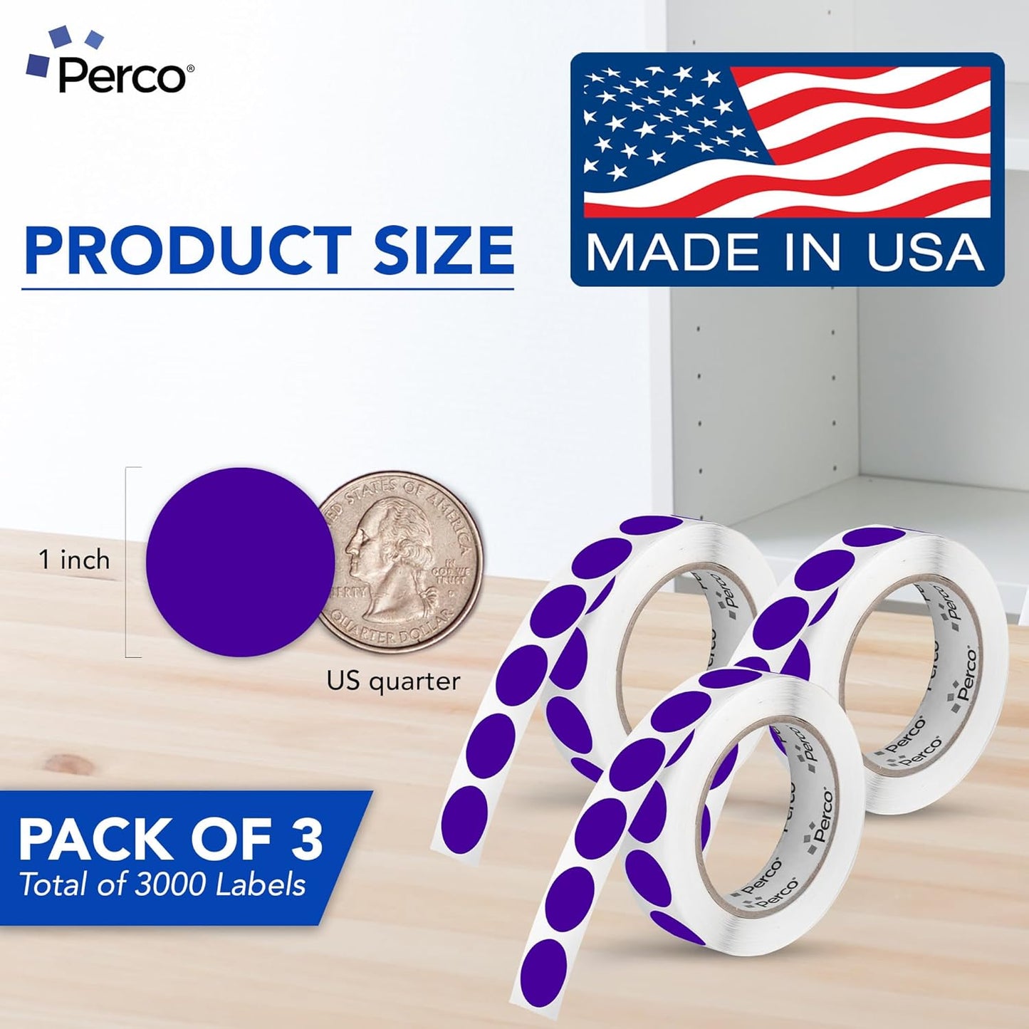 Perco Purple 1-Inch Round Circle Dot Sticker Labels - Multi-Roll Pack (3 Rolls, 1,000 Labels Each) - Permanent Adhesive, Vibrant Colors, Strong Hold - Perforated for Easy Use - Made in USA