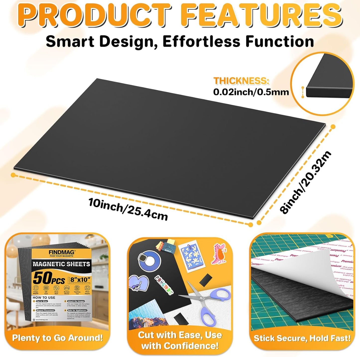 FINDMAG Magnet Sheets with Adhesive, 8” x 10”, Pack of 50, Magnet Papers for Stickers, Magnetic Sheets for Refrigerator, Whiteboard, Cuttable Magnetic Paper for Crafts, Pictures.