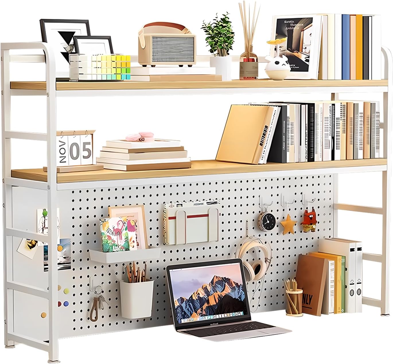 MDF Desk Hutch 2 Tier with Pegboard, Countertop Desktop Bookshelf, Storage Organizer Rack for Office, Home, Dormitory (white, 43.3in)