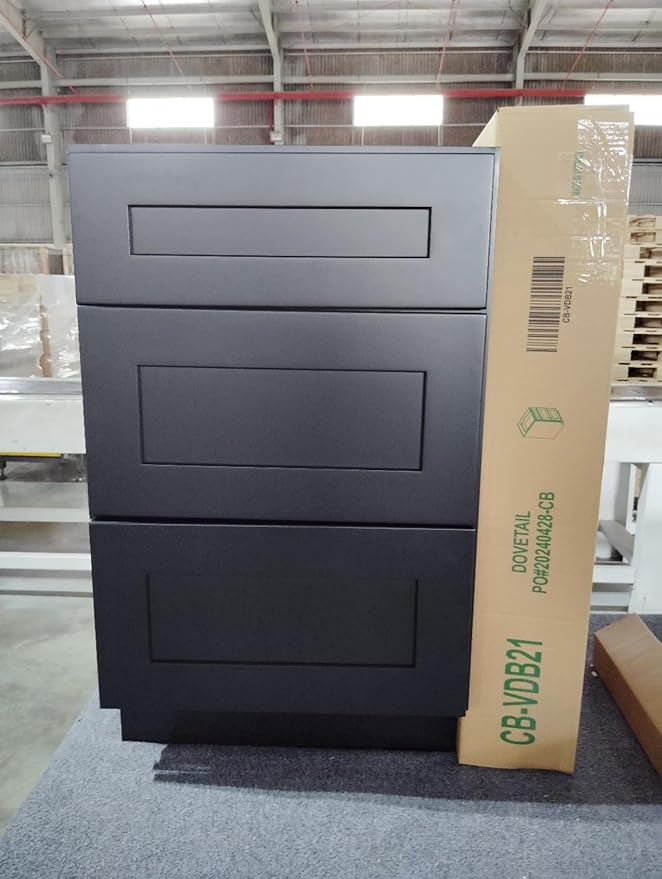 Shaker Style Charcoal Black RTA Base Drawer Cabinet - Solid Wood 3-Drawer Design with Soft Close Feature, 15" W x 24" D x 34.5" H, Perfect for Standalone Use or Kitchen Cabinet Combinations