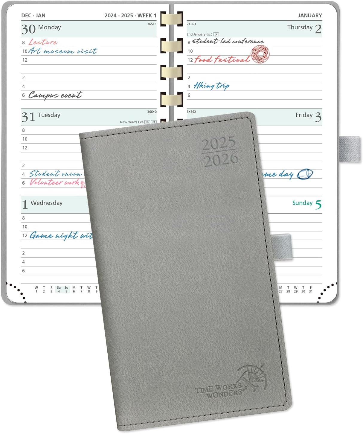 POPRUN Pocket Planner 2025-2026 (Slim Size 3.5'' x 6.5'') Academic Purse Calendar (July 2025 - June 2026) with Hourly Time Slots, 100GSM Thick Paper, Spiral Soft Cover - Grey