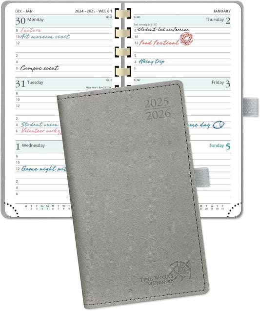 POPRUN Pocket Planner 2025-2026 (Slim Size 3.5'' x 6.5'') Academic Purse Calendar (July 2025 - June 2026) with Hourly Time Slots, 100GSM Thick Paper, Spiral Soft Cover - Grey