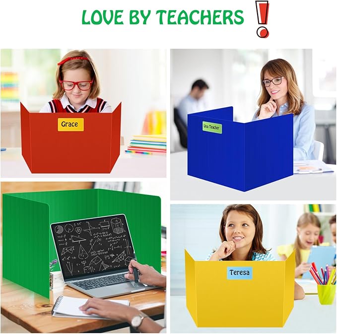 24 Pack Colorful Privacy Floders for Student Desks - Durable Plastic Erasable - Testing Dividers for Classroom - Easy Clean Privacy Shields for Student Testing Desk dividers- Includes Extra Labels