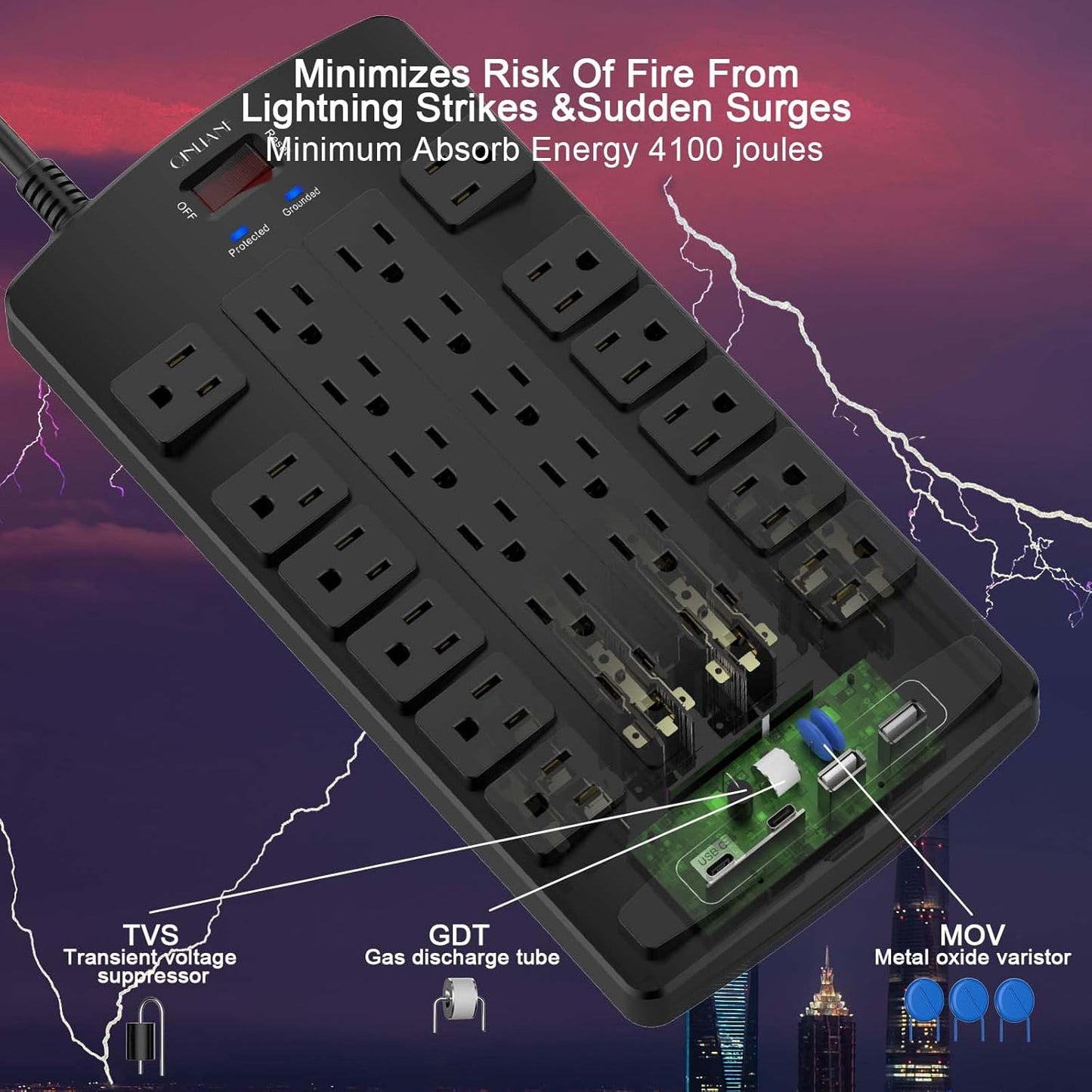 QINLIANF Surge Protector Power Strip - 20Ft Flat Plug Heavy Duty Extension Cord with 24 Outlets and 4 USB Ports(1 USB-C Ports), 1875W/15A, 4100J, for Home, Office, Dorm, ETL Listed, Black