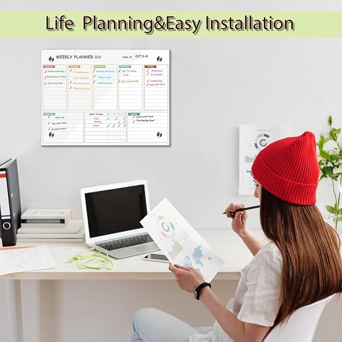 Glass Colorful Weekly Dry Erase Calendar Whiteboard for Wall,12"x 16",Frameless Mounting,Office/School/Home, Frameless Planner White Board