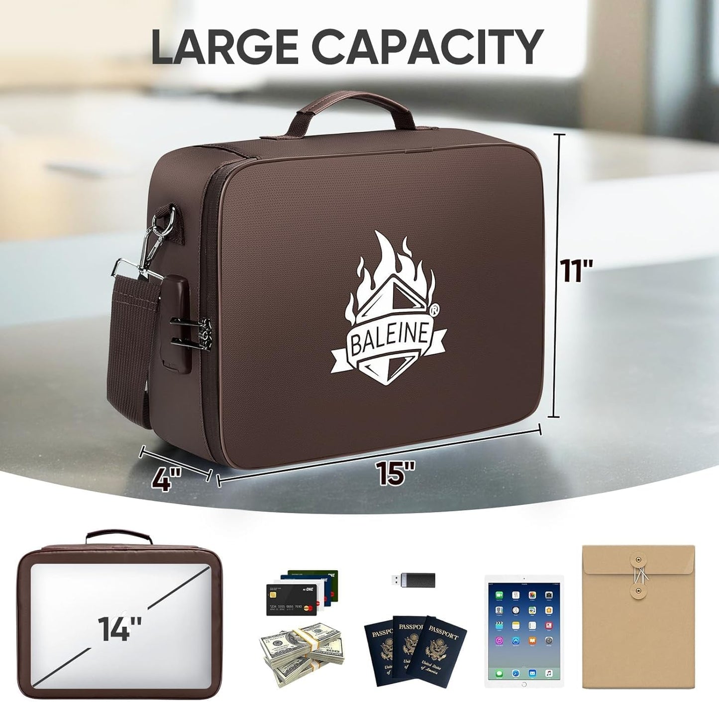 BALEINE Fireproof Document Box with Lock, Portable Fireproof Document Bag Waterproof Fire Proof File Boxes for Documents, File Organizer Box for Important Paperwork (Brown, 15''x11''x4'')