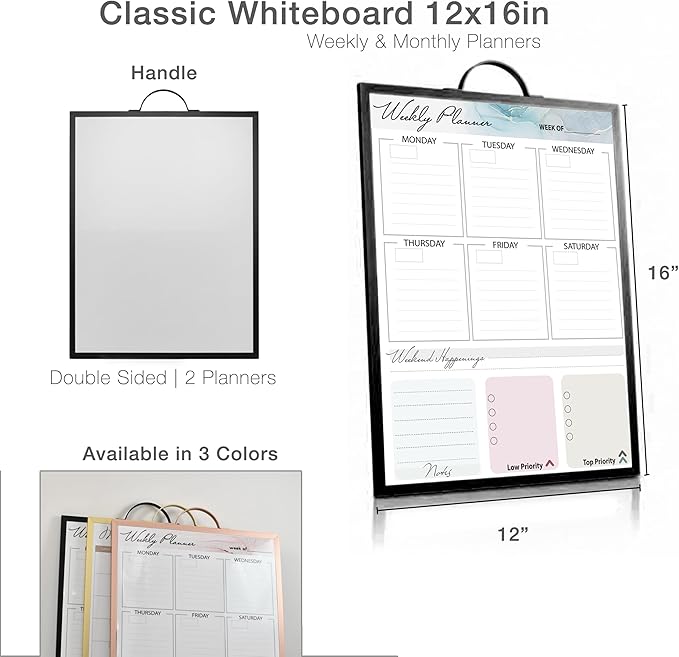 Small Whiteboard 12 x 16 Inch Magnetic Dry Erase Board with Handle | Black Aluminum Frame | Double-Sided Planner Board with Weekly & Monthly Sheets | 3 Markers, Eraser & 2 Magnets