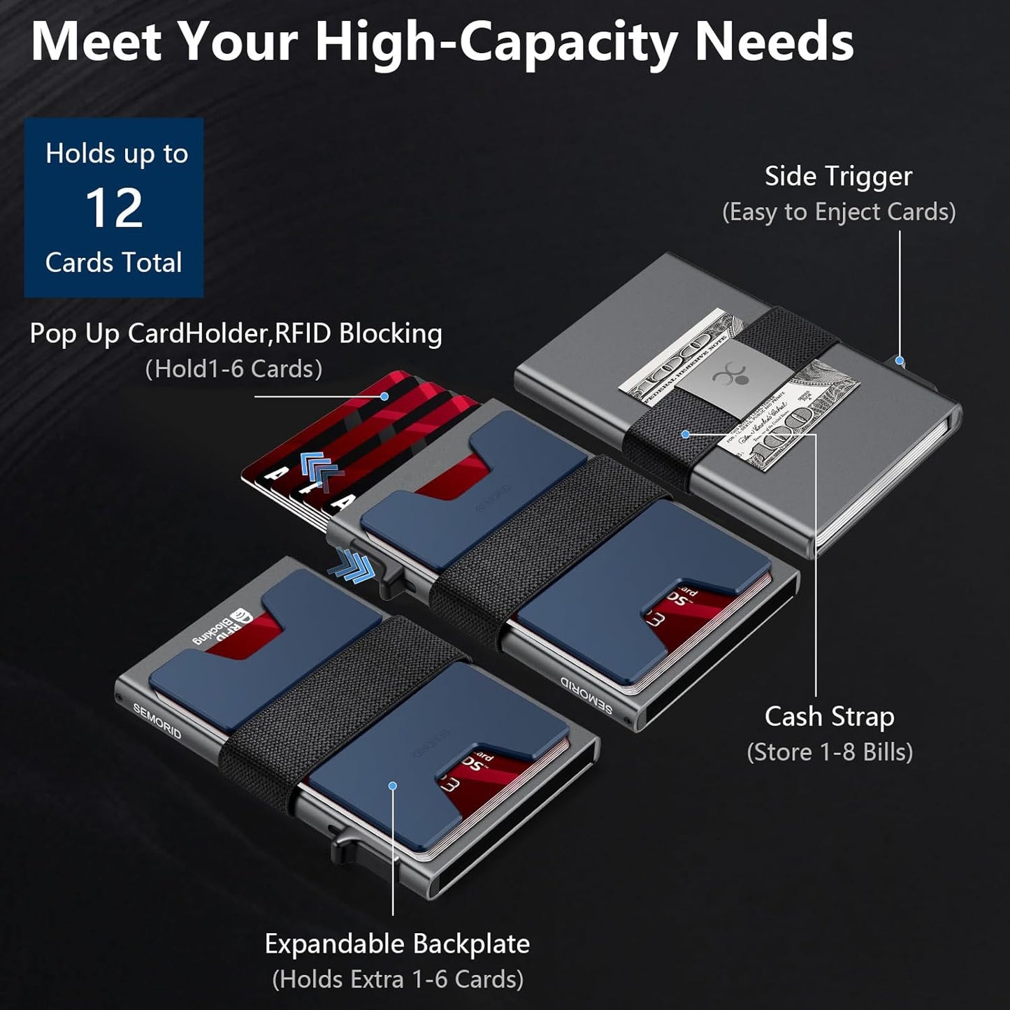 Slim Aluminum Card Holder Wallet for Men, Durable Expandable Backplate, RFID Blocking Minimalist Metal Pop Up Wallet, Holds 12+ Cards Plus Cash