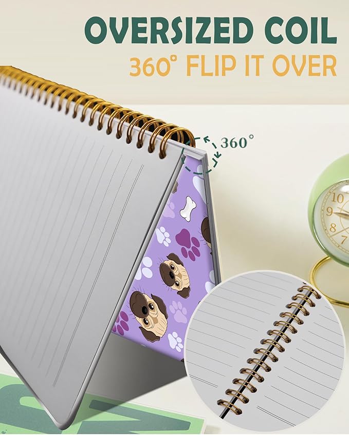 Ruled Spiral Writing Notebook,A5 Hardcover Lined College Journal for Women Lady,Fashion Puppy Watercolor Strong Twin-Wire Binding with Premium Paper,8.4" X 6",Perfect for School,Office,Home Gifts(Pug Bones Paws)