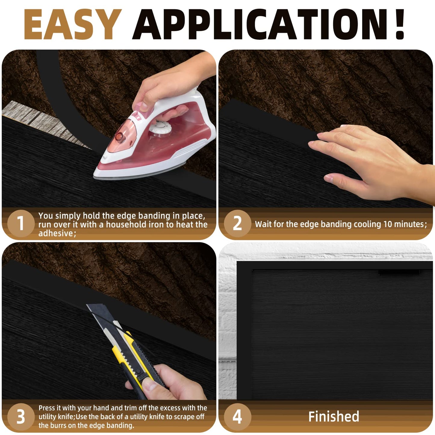 GSCIT Club Black Wood Veneer, 16 inch x 25ft Wood Edge Banding Pre-glued Flexible, Veneer Sheets Tape Banding for Cabinet Repair Furniture