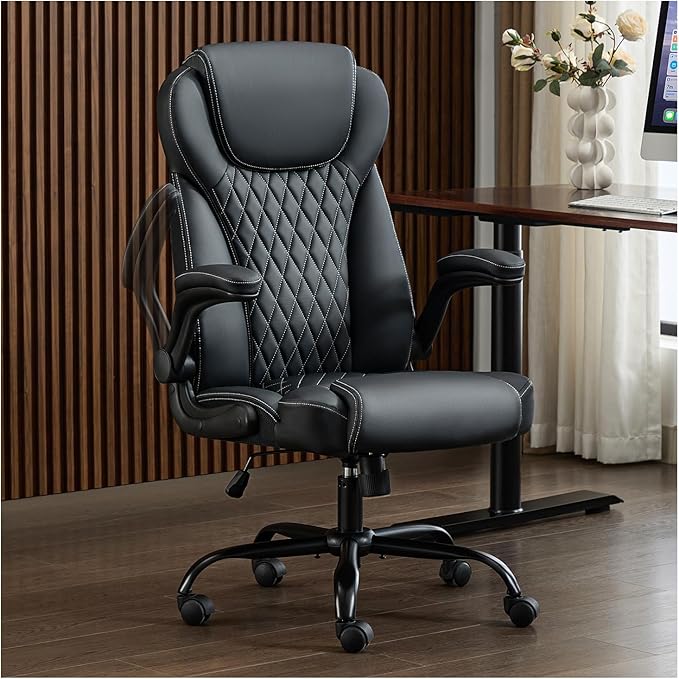 Office Chair, Executive Leather Chair Home Office Desk Chairs, Ergonomic Computer Desk Chair with Adjustable Flip-Up Arms, Lumbar Support Swivel Task Chair with Rocking Function (Black)