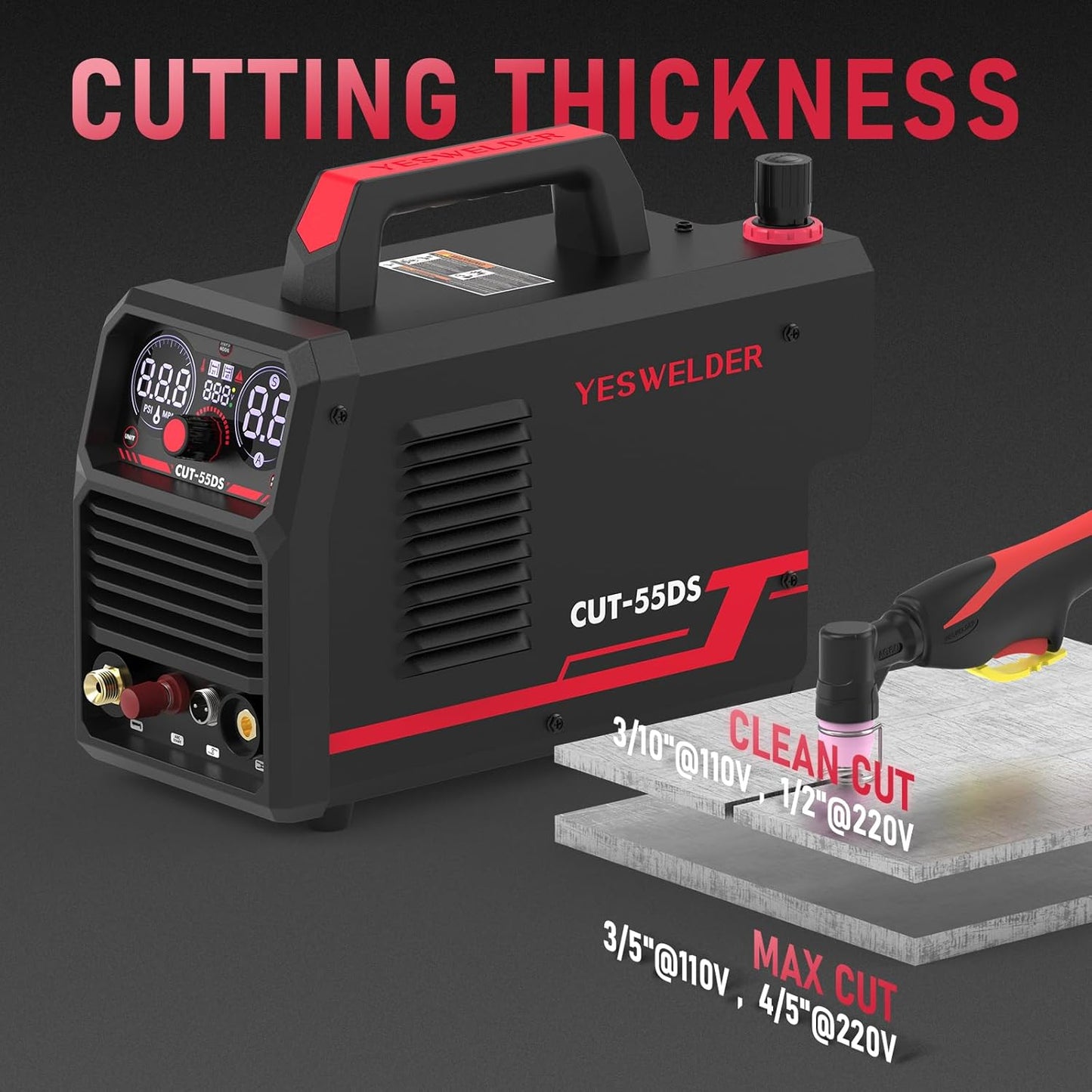 YESWELDER CUT-55DS Plasma Cutter, 55Amp Non-Touch Pilot Arc Air Power, Large Digital Display 110/220V Dual Voltage IGBT Inverter Plasma Cutting Machine with ETL Approved