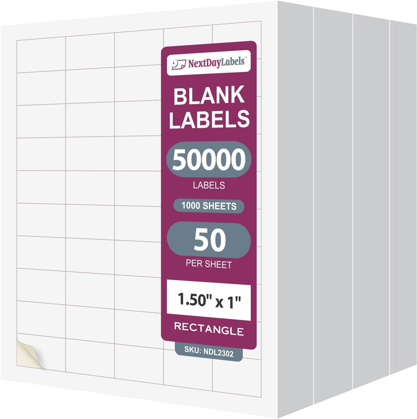 NextDayLabels – 1.5" x 1" Rectangular Sticker Labels for Printer - White Laser/Inkjet Printer Labels Return Address Labels Shipping Label Stickers (1000 Sheets, 50 Per Sheet, 50000 Labels)