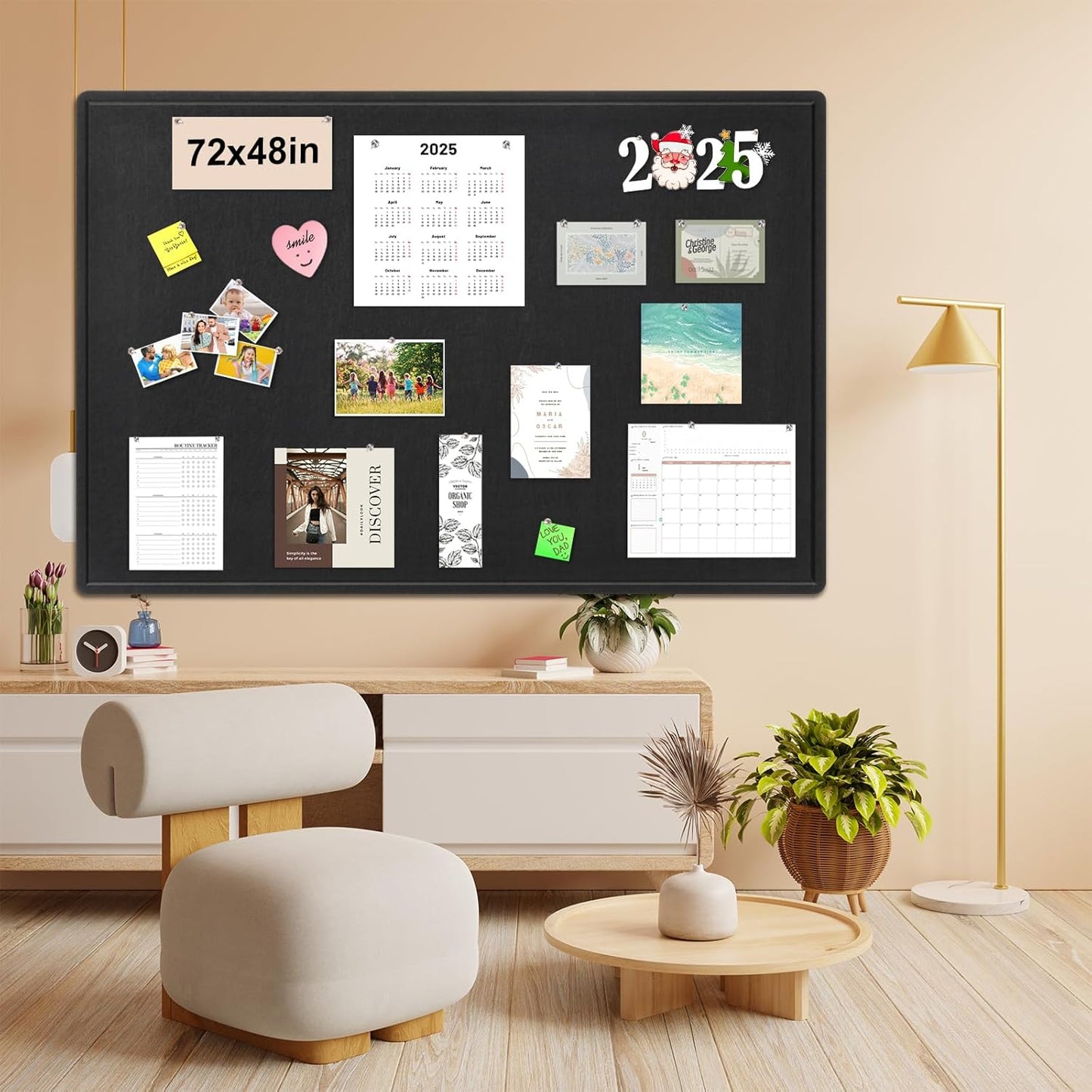 Large Bulletin Board - 72 x 48 Inches, Foldable Decorative Felt Board for Wall Photo Display Board with Self-Adhesive Tape, Includes 36 Push Pins - Black