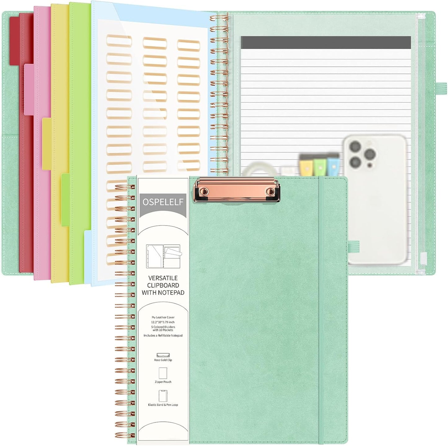 Ospelelf Leather Clipboard Folders with with Storage Zipper Pouch, Spiral Clipboard Folio with Notepad for Letter Size, 5 Folders with 10 Pockets, 39 Divider Label Stickers (Light Green)