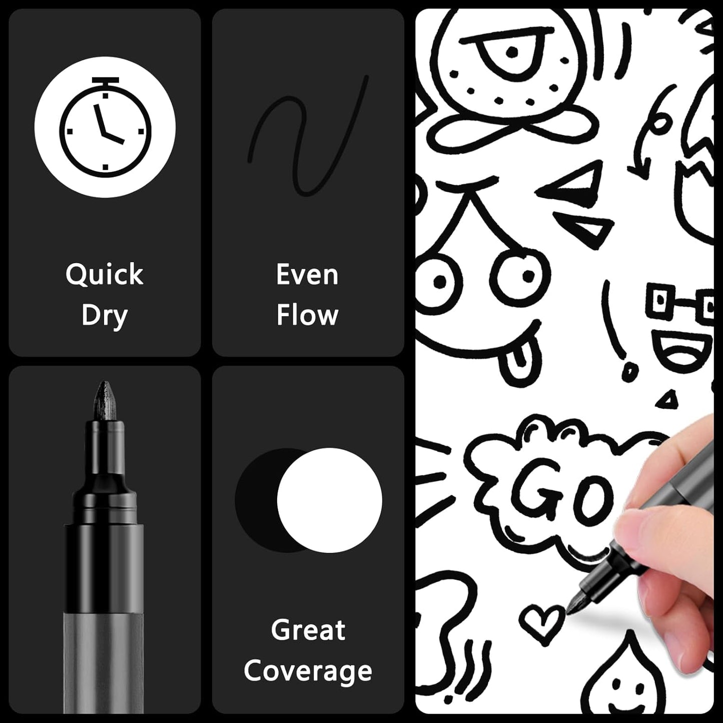 SFAIH Acrylic Black Paint Pens - 8 Pack 2-3MM Medium Tip & 0.7MM Extra Fine Black Permanent Markers for Rock Painting, Wood, Metal, Fabric, Plastic, Canvas, Glass, Ceramic, Diy Crafts