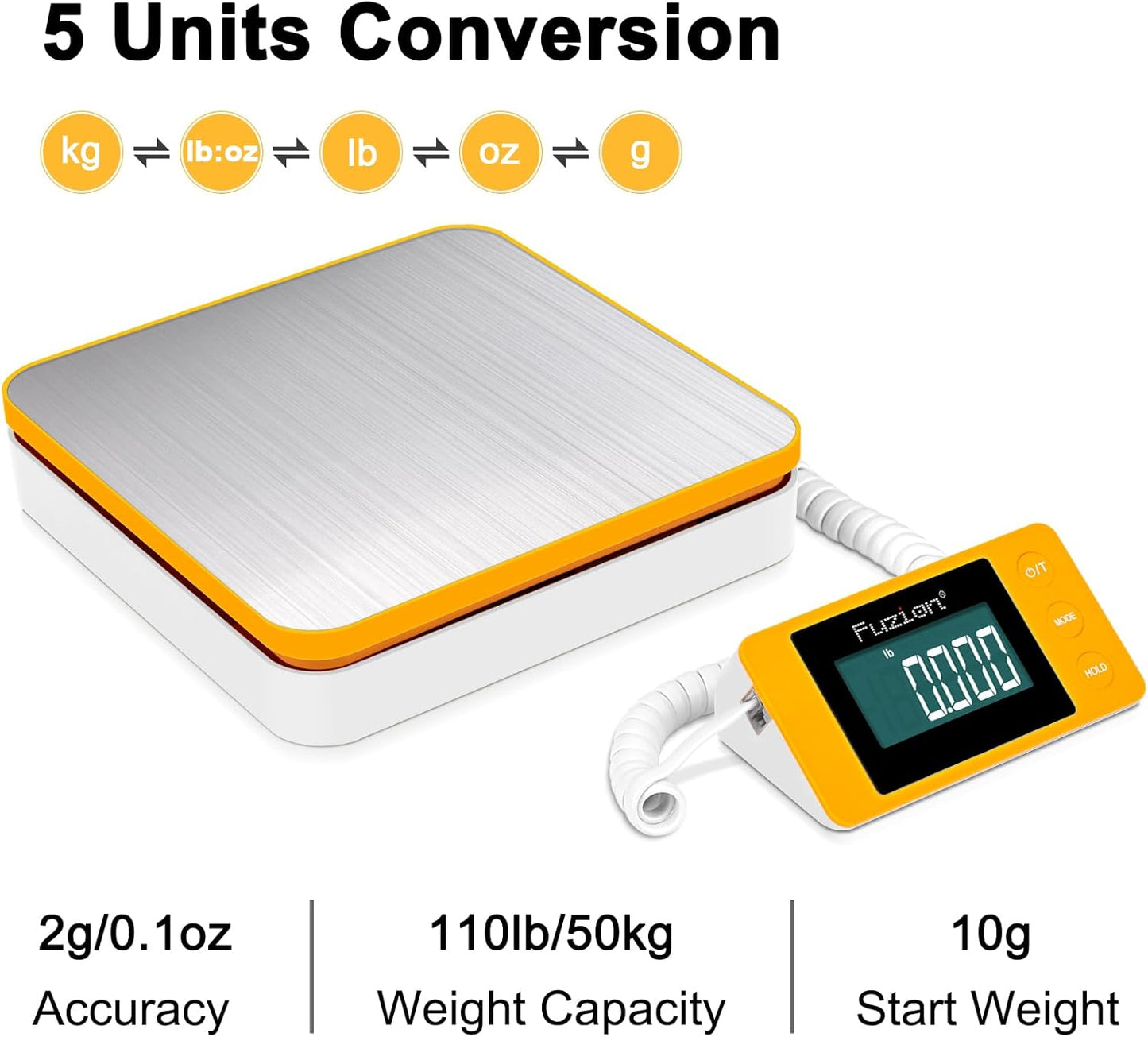 Fuzion Shipping Postal Scale - Package Scale 110LB x 0.1oz, Large LCD Display, 5 Units, Digital Scale for Packages, Postage - Dual Power Supply (Batteries & Adapter)