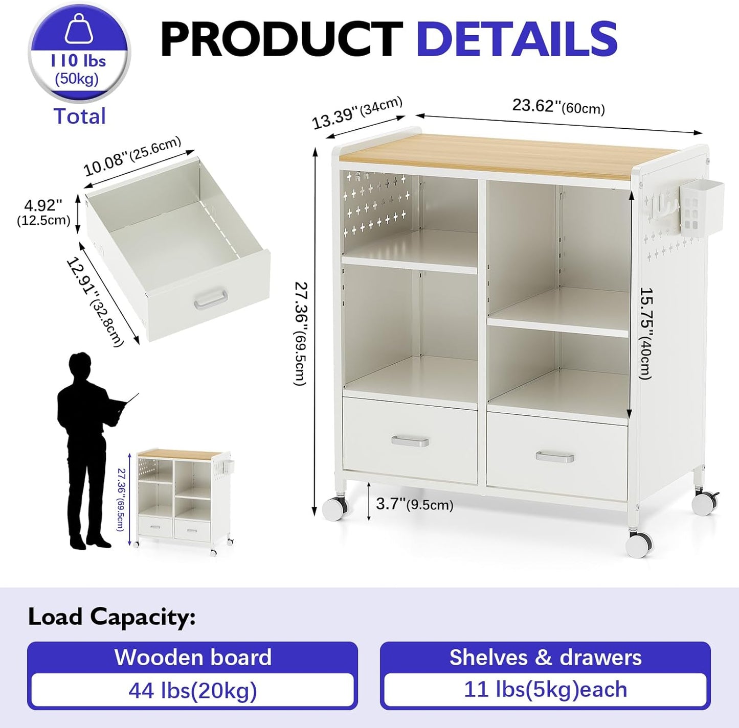 TOOLF 2-Drawer Mobile File Cabinet with Wheels, MDF Wooden Panel Printer Stand with Adjustable Shelves, 2 Storage Bins & 4 Hooks, Home Office Organization, White