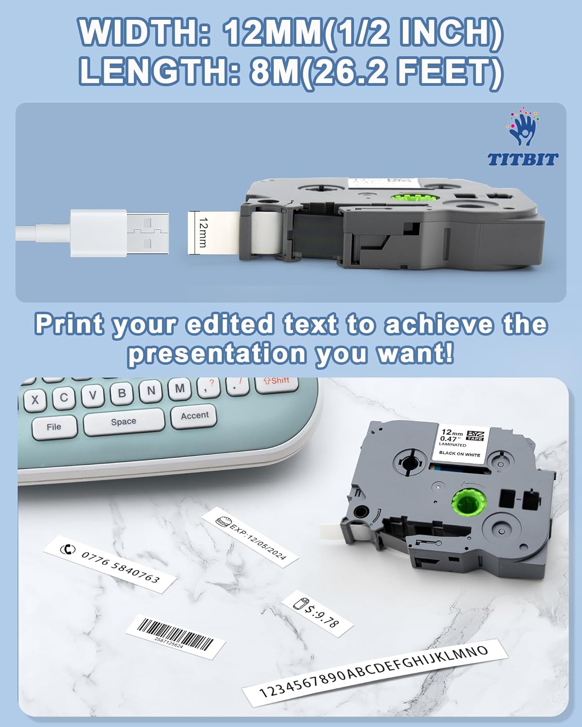 TITBIT 12mm Label Maker Tape Refill Compatible with Brother P Touch Label Tape TZe TZ Tape 0.47 Laminated 1/2" Black on White TZe-231 TZE231 for PTD210 PTD220 PTH110 PTE110 PTD410 PTP710BT, 2-Pack