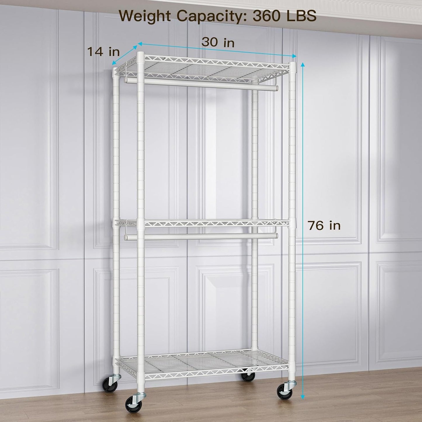 P1 Medium Heavy-Duty Portable Closet, 30" W x 14" D x 76" H, Metal Rolling Clothing Rack, White
