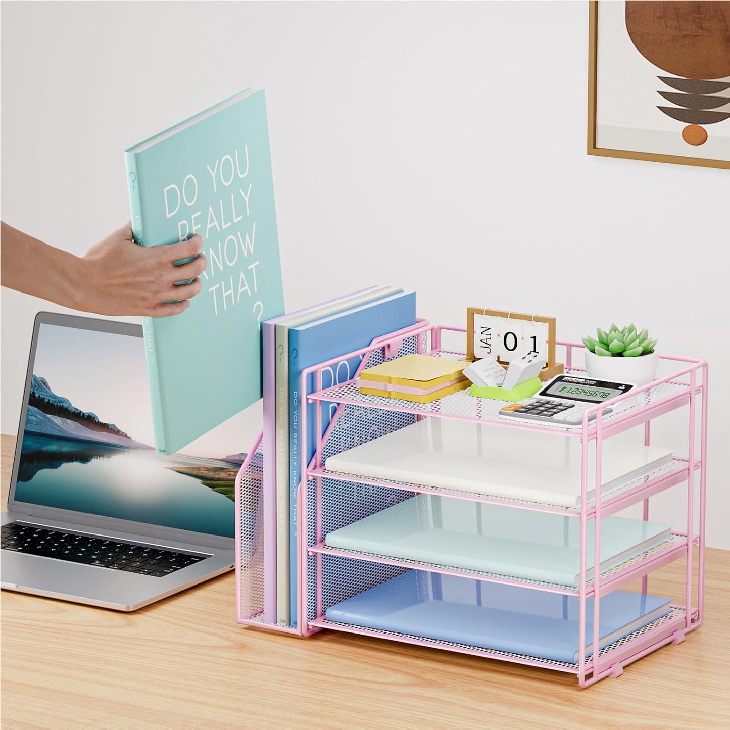 Marbrasse Desk Organizer and Accessories，4-Tier Paper Letter Tray Organizer with File Holder，Desk Accessories & Workspace Desktop Organizers for School Home Office Supplies (Pink)