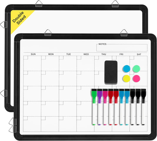 VUSIGN Monthly Dry Erase Calendar Whiteboard for Wall, 16" X 12" Double-Sided Board, Hanging Whiteboard Dry Erase for Office, Desk, Kitchen, Dorm, Black