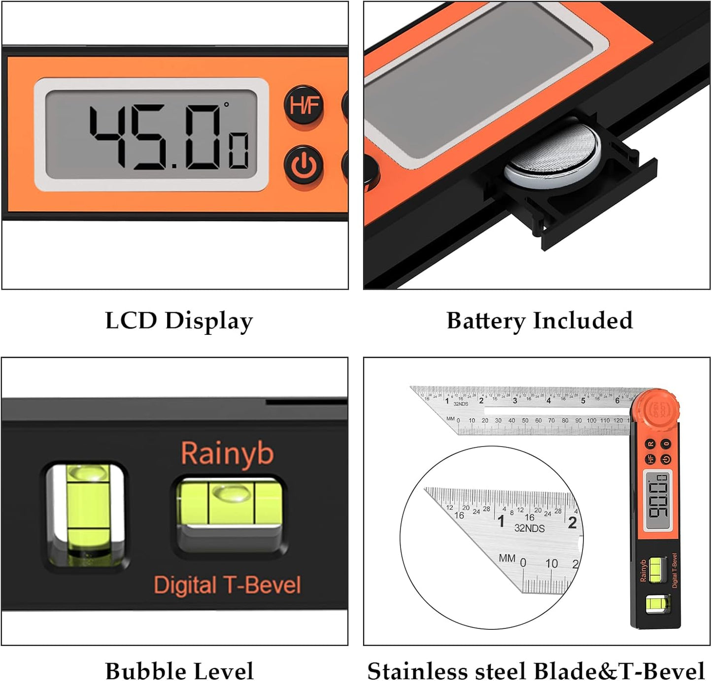 Digital Angle Finder Protractor 0-360 Degree T-Bevel Gauge & Protractor with Horizontal Vertical Bubble & Full LCD Display for Woodworking, Metalworking, Construction
