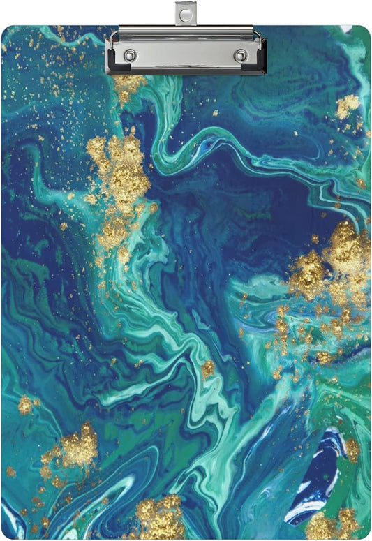 Clipboard Wood Design Decorative A4 Letter Size Clip Boards for Classroom Office, Standard Size 9" x 12.5" with Low Profile Metal Clip - Blue Gold Marble