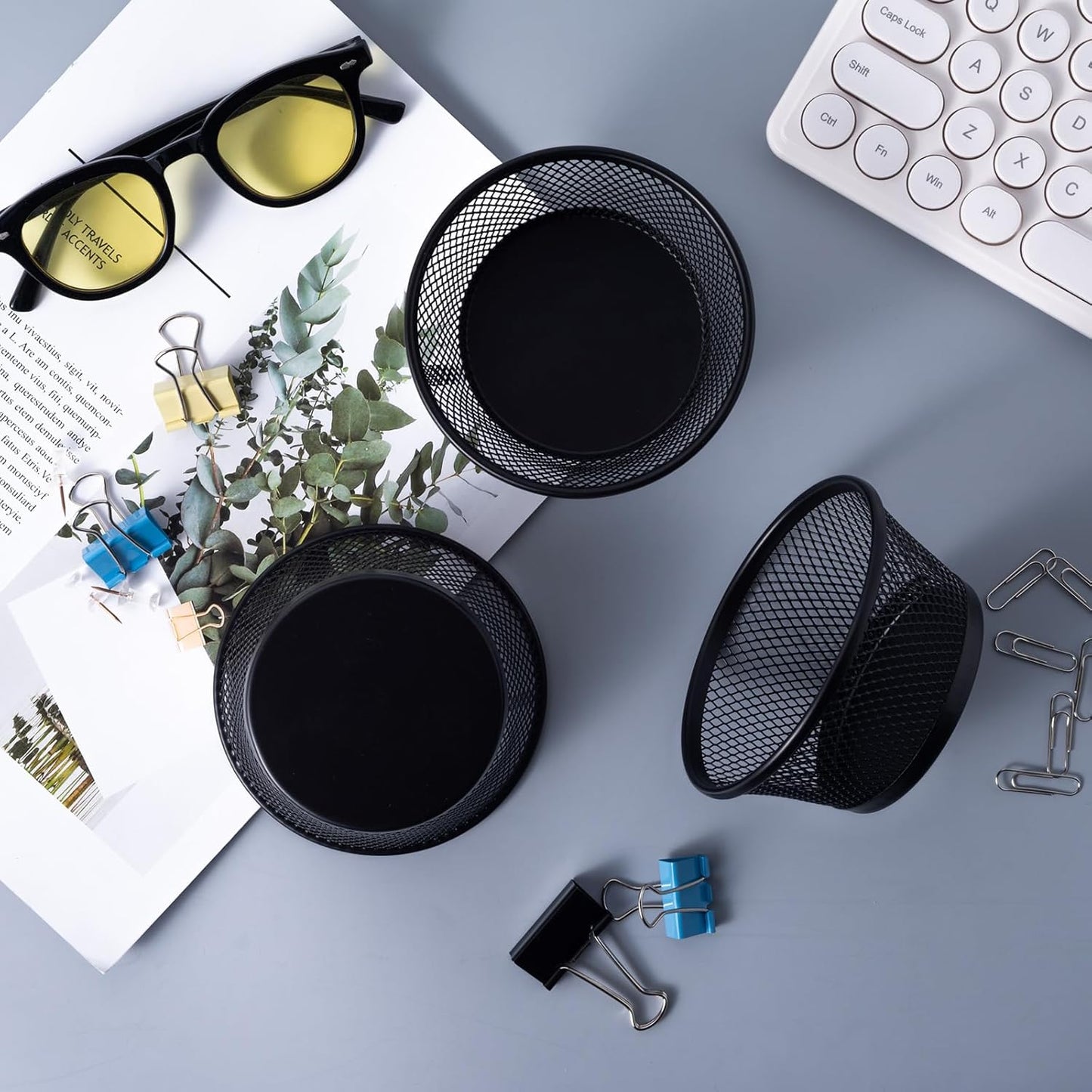 SLSON 6Pack Paper Clip Holder Wire Mesh Paperclip Dish Holders Desktop Round Paper Clip Dispenser for Desk Office Organizer Accessories,Black