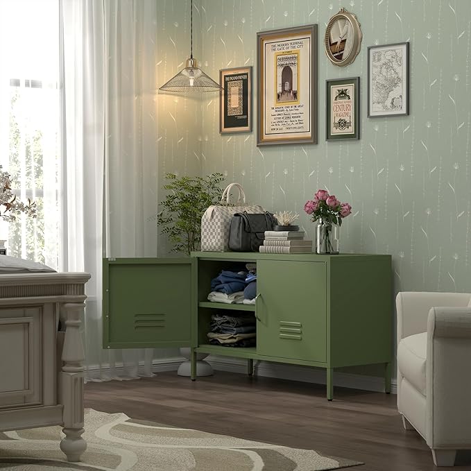 TV Stand with Storage,Metal Cabinet with Doors,TV Console with Storage with Adjustable Shelf,Morden TV Cabinet for Bedroom,Living Room,Avocado Green