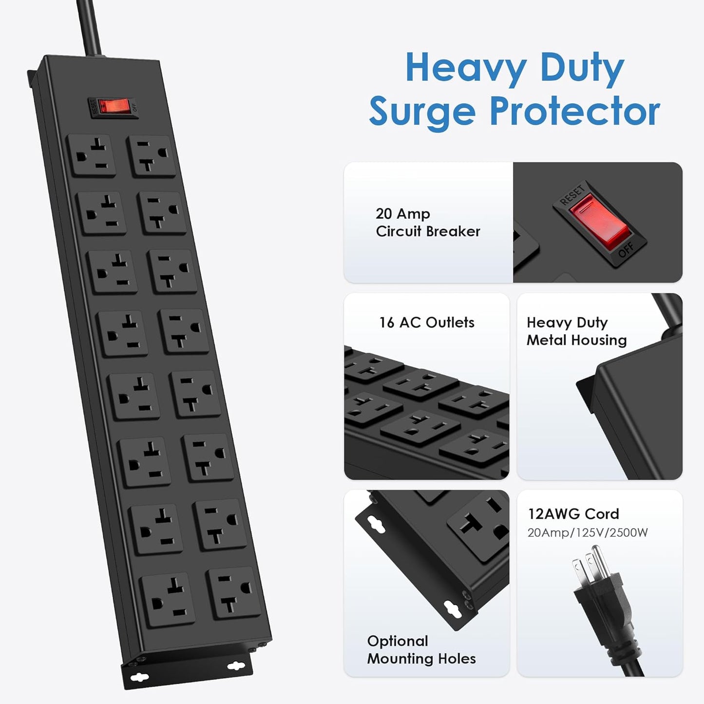 JUNNUJ Heavy Duty 20 Amp Power Strip, Garage 16 Outlets Metal 12 Gauge Surge Protector 3000J, High Amp 5-15P Adapter Shop 6-20R T-Slot Industrial Outlets (16AC, 4FT)