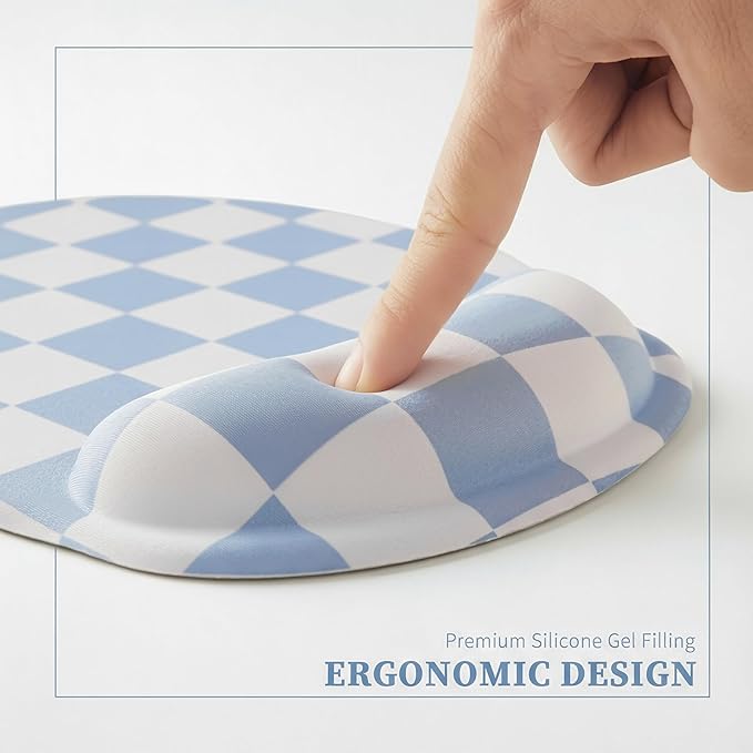 Blue Checkered Mouse Pad with Gel Wrist Rest, Wrist Support, Ergonomic Desk Accessories for Women, Office Laptop Gaming Decor, Cute Aesthetic Trendy Check Design