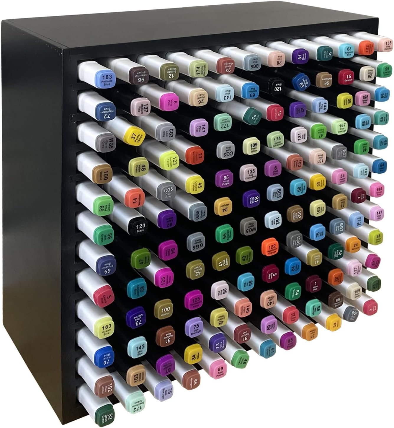 MinBoo Bamboo Marker Organizer Wooden Art Supply Storage Organizer Rack Art Markers Pens Colored Pencils Paint Brushes Stationary Organizer Holder (Black, Rack for 144 Markers)