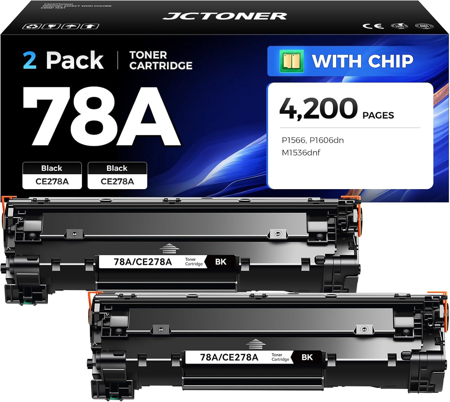 78A Black Toner Cartridge (2-Pack) with chip High Yield Replacement for HP 78A CE278A Toner Cartridges Compatible with HP Laserjet Pro MFP M1536dnf P1566 P1606dn Printer M1536 P1606 Series Ink Copy