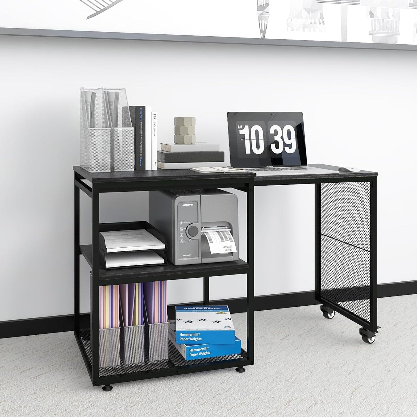 Natwind 24''x20''x29'' Large Printer Stand with Storage Shelves,Extendable Home Craft Table,Home Office Organization Desk, Versatile Table for Home Office, Kitchen, Study Room, Living Room (Black)