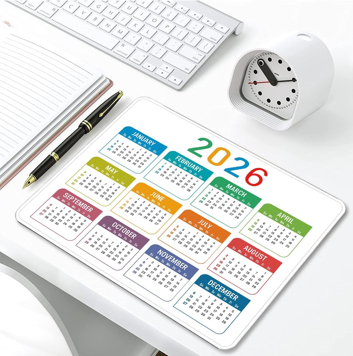 2026 Calendar Mouse pad, Gaming Stitched Edge Computer Accessory Mouse Pad, Rectangular Anti Slip Chloroprene Rubber Mouse Pad for Office and Home Use (White Calendar Mouse Pad)