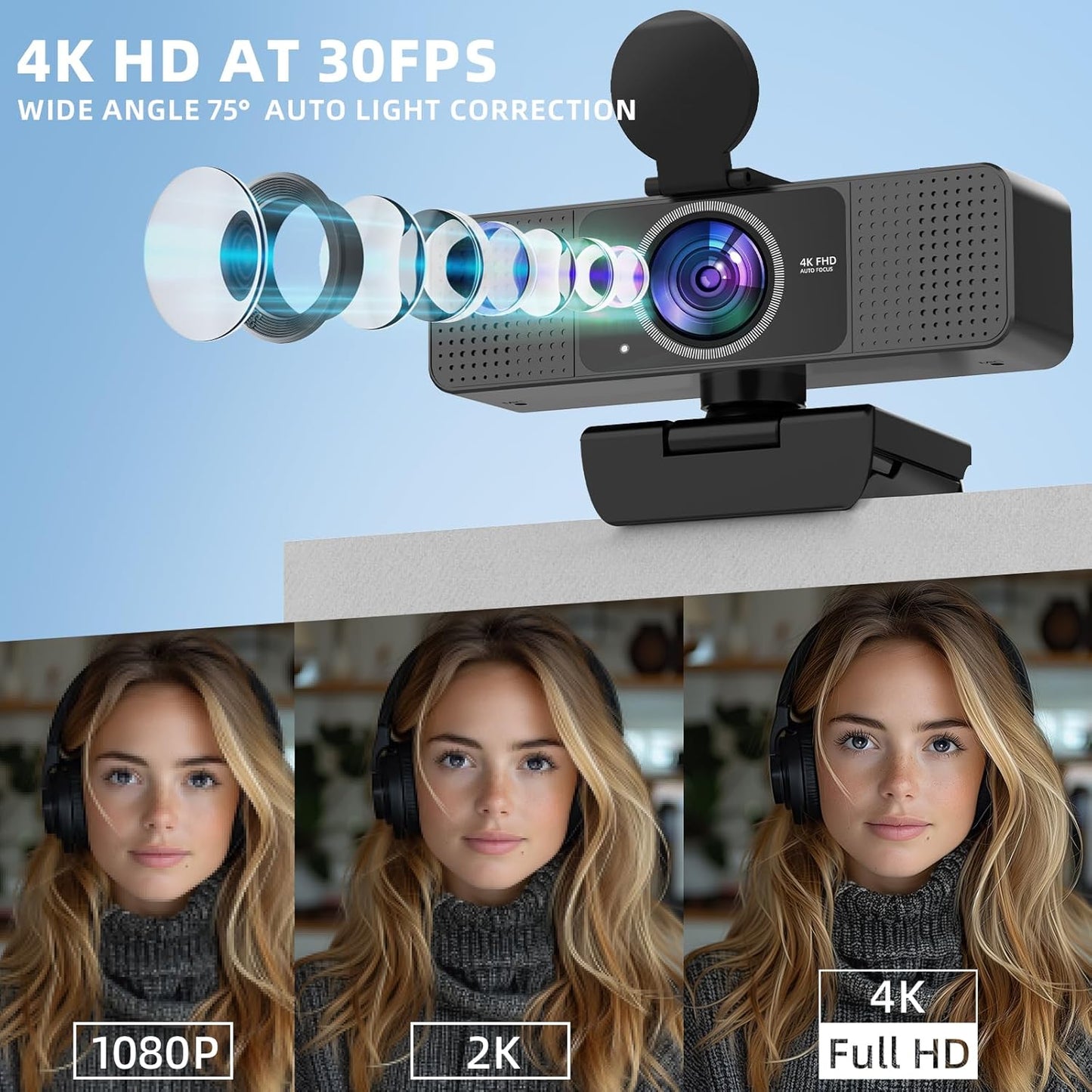 4K Webcam for PC - Autofocus, Noise-Canceling Mic, USB Plug & Play with Privacy Cover Camera 4K for Zoom/Teams/Skype/Google Meet