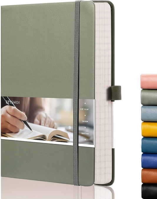 EMSHOI Notebook College Ruled - 256 Numbered Pages, 120 Gsm Thick Paper, A5 Hardcover Leather Lined Journal for Men & Women Work School Journaling Writing Diary 5.7" X 8.3"(Green)