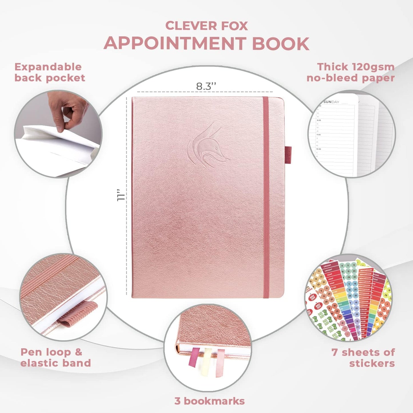 Clever Fox Appointment Book – Hourly Schedule Planner with 15-Minute Increments – Time Box Planner for Daily Work & To-Dos – Weekly & Monthly Spreads, Undated, Hardcover, 8.3x11″ (Rose Gold)