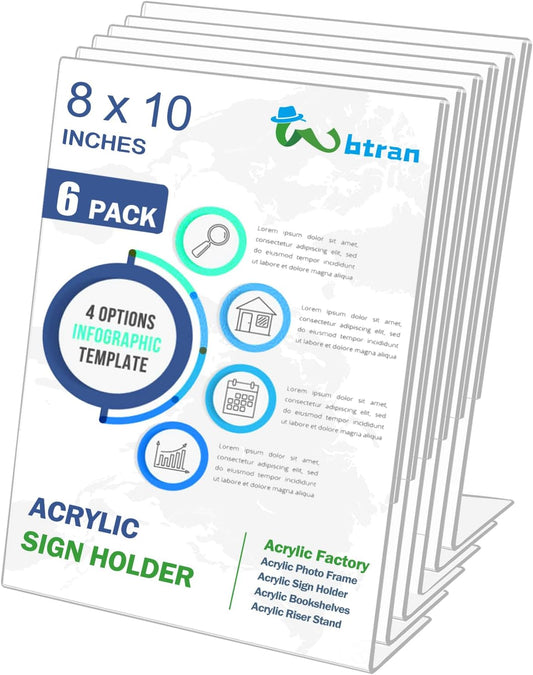 Slanted Back Acrylic Sign Stands 8 x 10, Clear Tabletop Display, Plastic Paper Sign Holder for Office, Home, Restaurant (6 Pack)