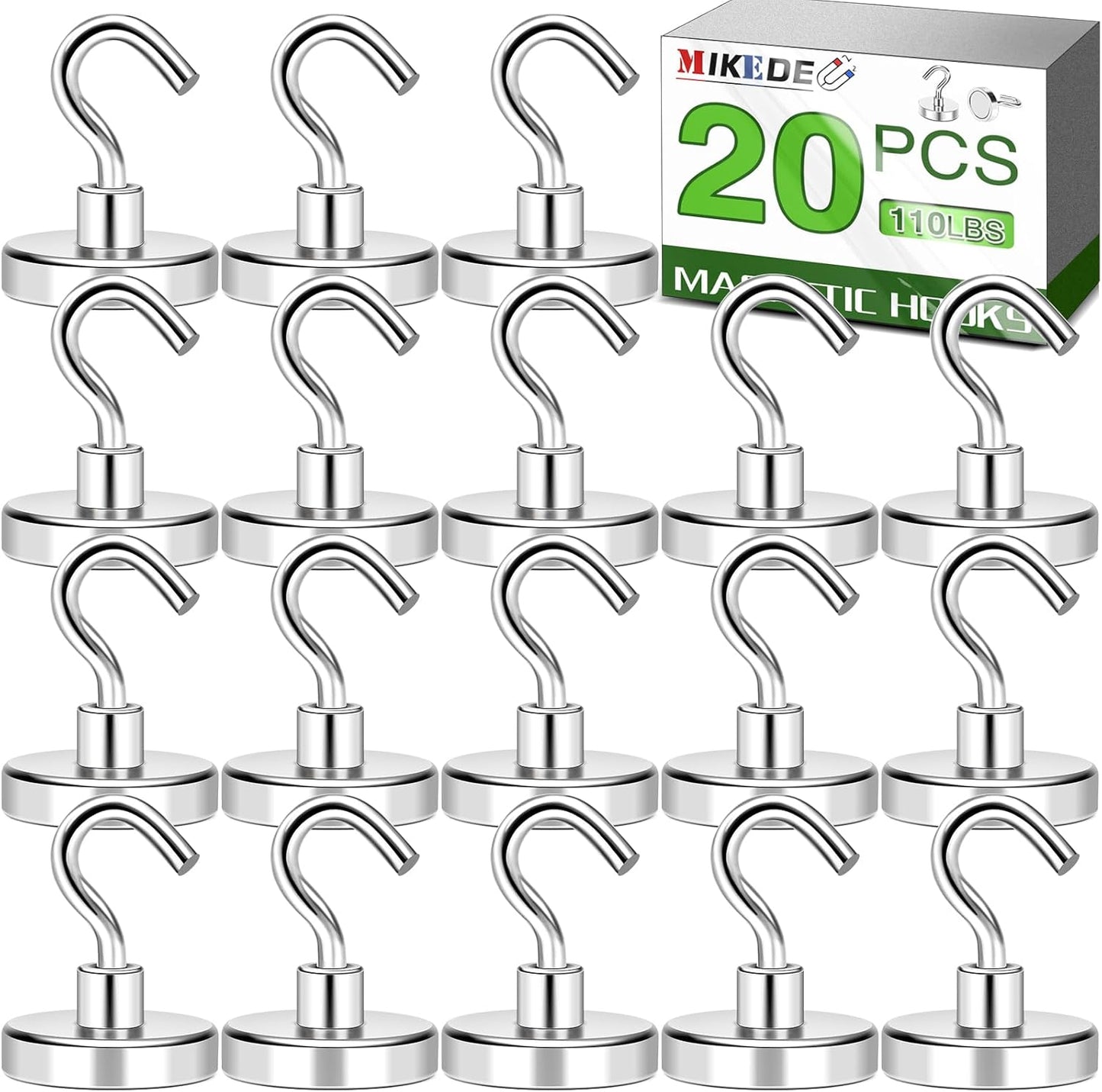 MIKEDE 20 Pack Magnetic Hooks, 110lbs Strong Magnets Hooks Heavy Duty, Extra Cruise Hook for Hanging, Industrial Metal Refrigerator Cabins, Fridge, Kitchen, Grill
