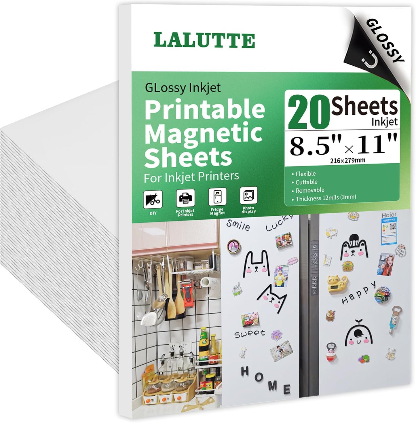 20Pcs 8.5x11 Inches Printable Magnetic Sheets for Inkjet Printers, Glossy White Magnetic Print Paper, 12mil Thickness, Flexible Magnet Photo Paper for Refrigerator DIY Crafts