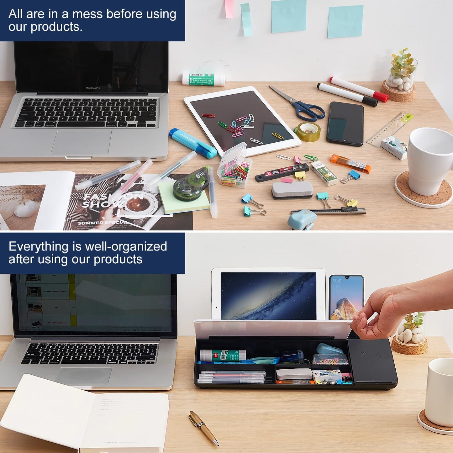 Small Glass Desktop Whiteboard Dry-Erase-Board - Computer Keyboard Stand with Wireless Charger White Board Surface Pad with Drawer, Desk Organizers with Accessories for Office, Home, School Supplies