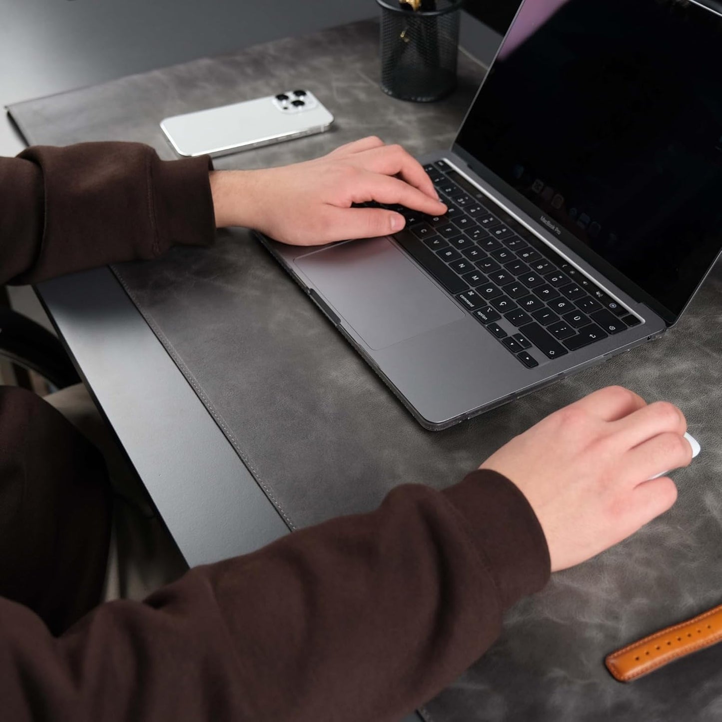 Jersey Genuine Calfskin Leather Desk Pad, Office Desk Mat with Non-Slip Bottom, Smooth Surface for Mouse & Keyboard, Desk Protector (36x19 inches) (Grey)