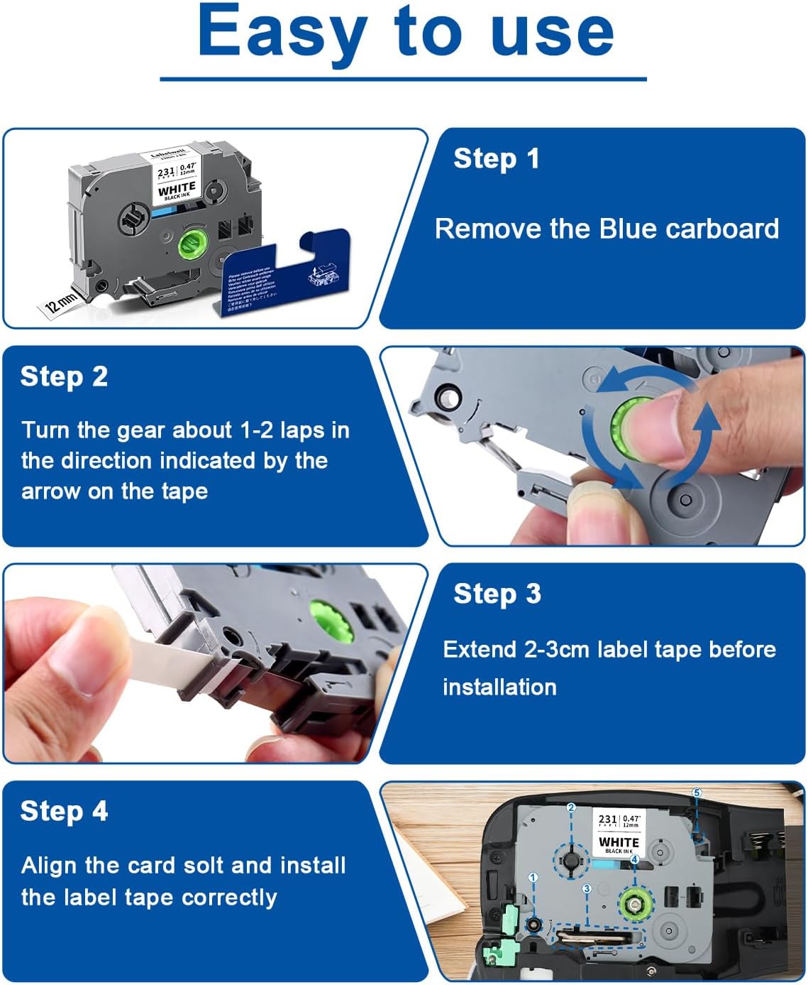 6-Pack Compatible TZe Label Tape 12mm 0.47 Inch Laminated Multi-Color TZ TZe-231 234 335 831 931 MQ835 TZe231 for PT-H110 D200 D210 D220 Label Maker, White/Gold/Sliver/Black