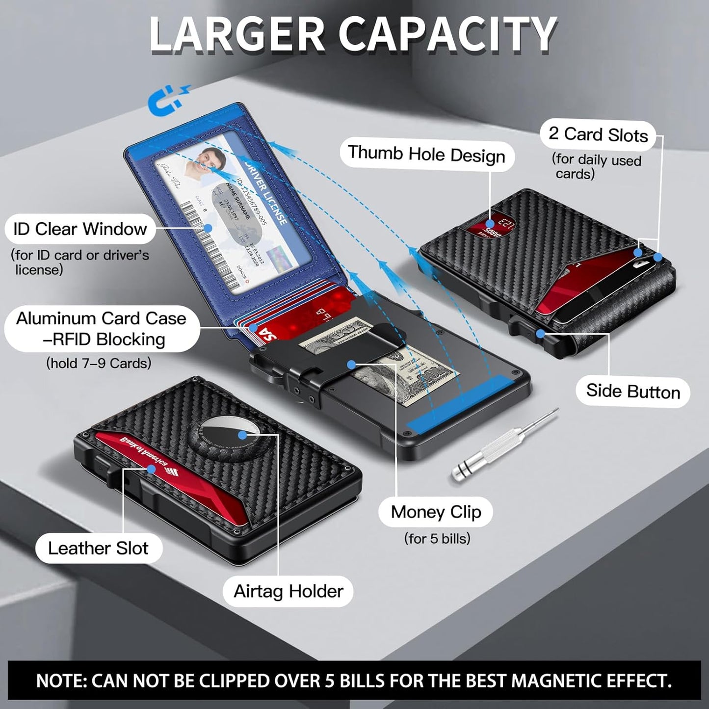 Airtag Wallet for Men, Mens Smart Wallet for Air Tag RFID Blocking, Minimalist Bifold Pop Up Aluminum Credit Card Case Holder 12+ Cards with ID Window, Gift for Men, No Airtag Included, Carbon Blue