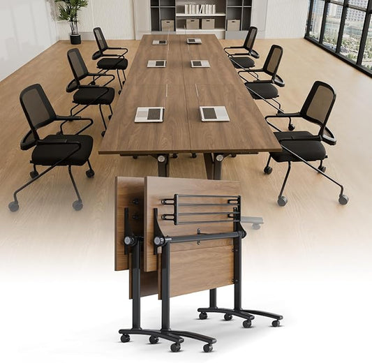 Conference Room Table with Silent Wheels, Mobile Folding Conference Table for 16 Person,Flip Top Office Training Tables with Walnuts Wood Tabletop, for School,Business Meeting Rooms (2 Pack 63in)